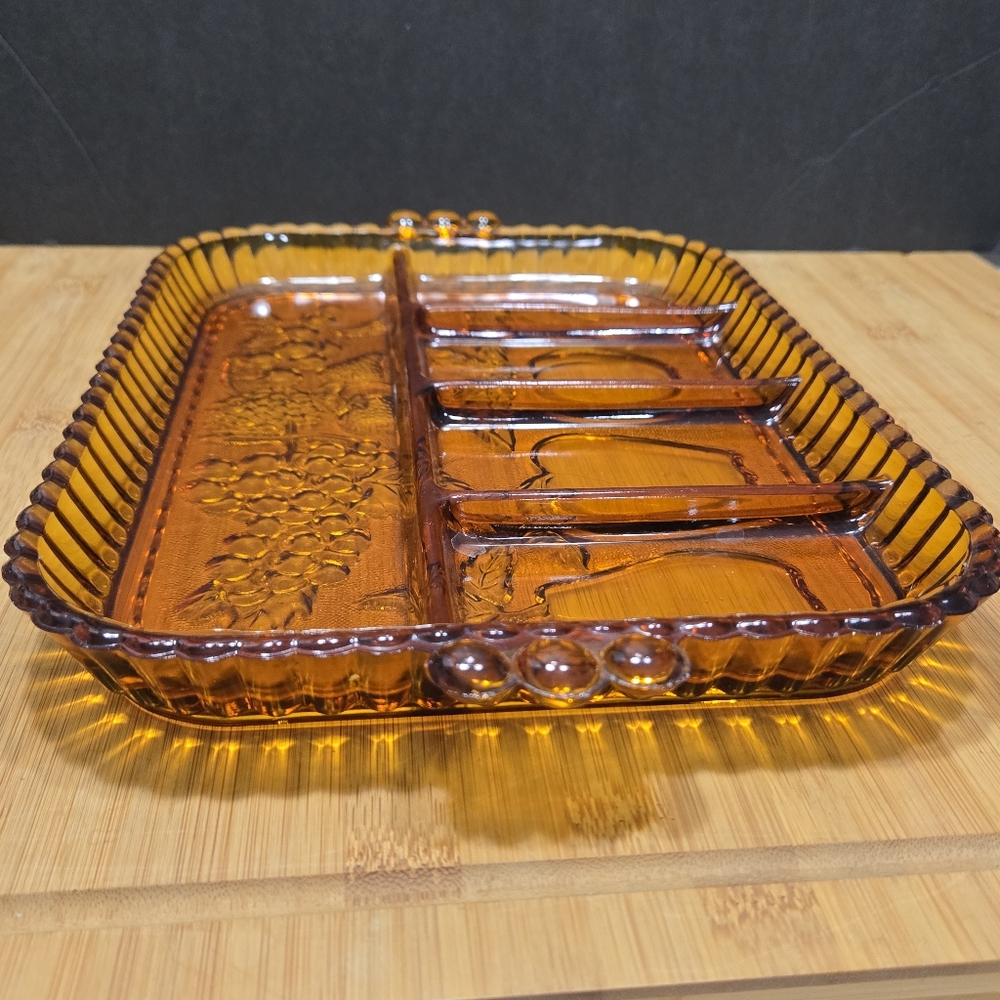 INDIANA GLASS AMBER DEPRESSION DIVIDED RELISH TRAY FRUIT PLATTER